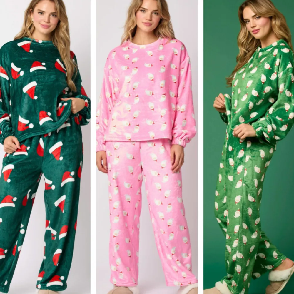 Casual Flannel Pajama Sets For Women 2 Piece Cute Long Sleeve Matching Lounge Shirts Sets Santa Claus Pajamas Homewear