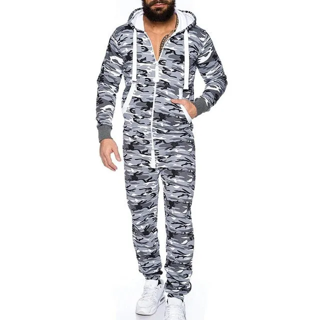 Casual Men's Long Sleeve Non Footed One-Piece Cotton Pajamas With Hood