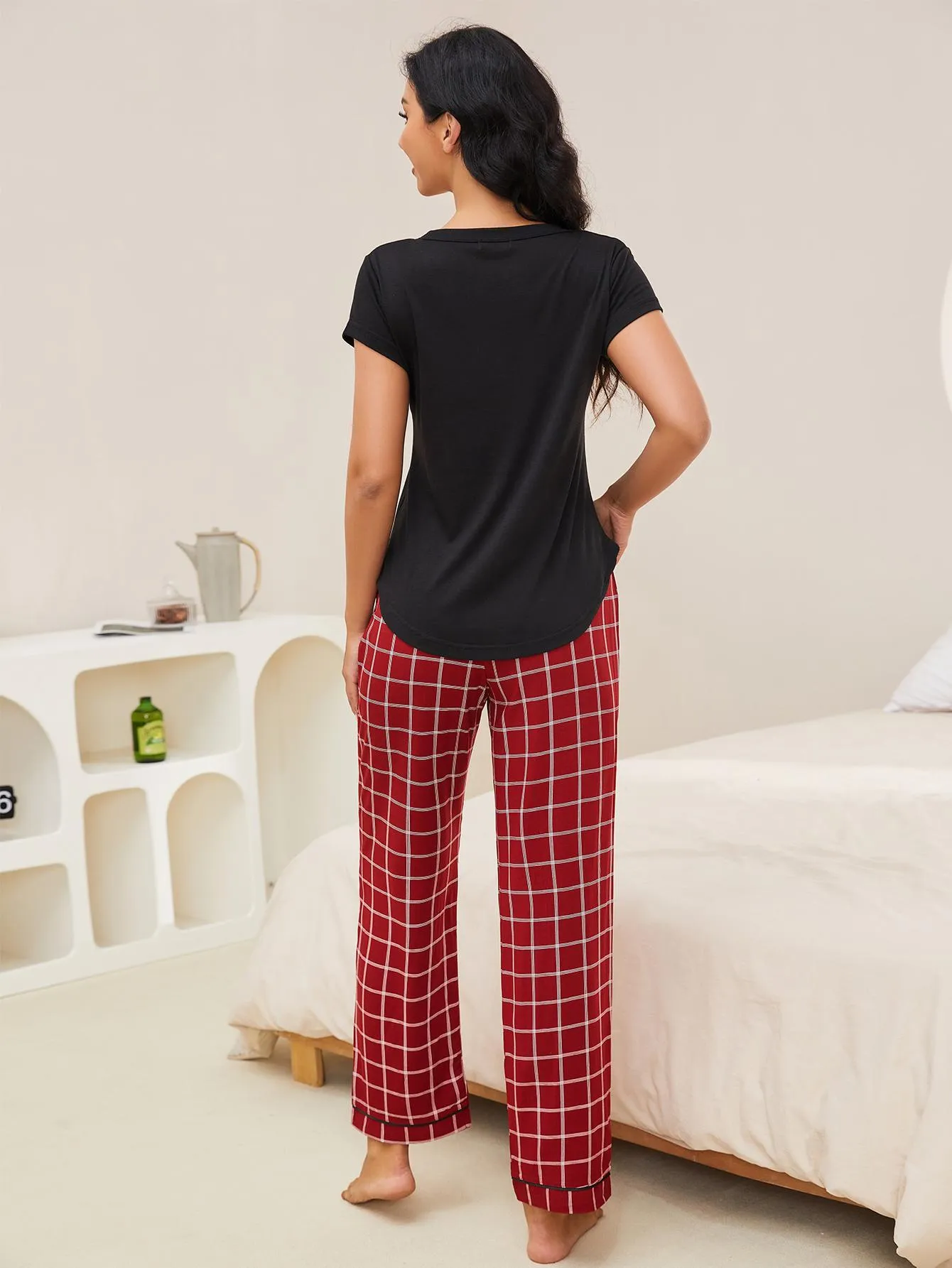 Casual Plaid Trouser Pajama Set