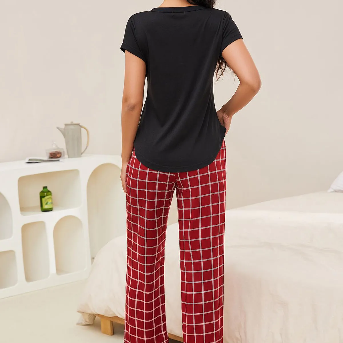 Casual Plaid Trouser Pajama Set