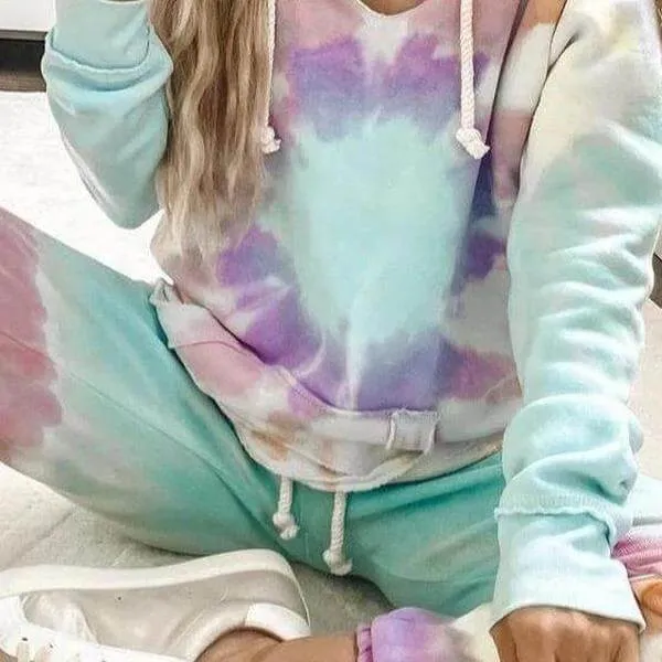 Casual Tie Dye Loose High Waist Hooded Pocket Two Pieces Set
