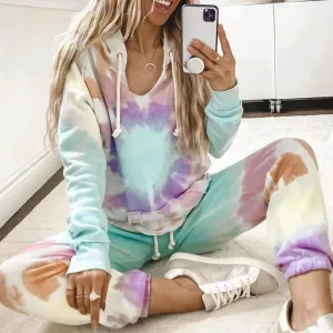 Casual Tie Dye Loose High Waist Hooded Pocket Two Pieces Set