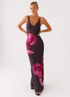 Griselda Maxi Dress - Dark Chocolate Draped Silhouette