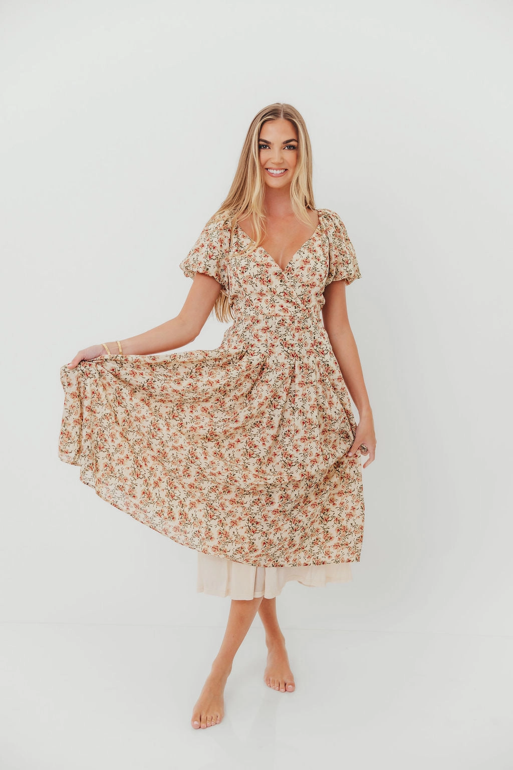 Milania Midi Dress in Ivory Floral Smart Layers Smart Texture