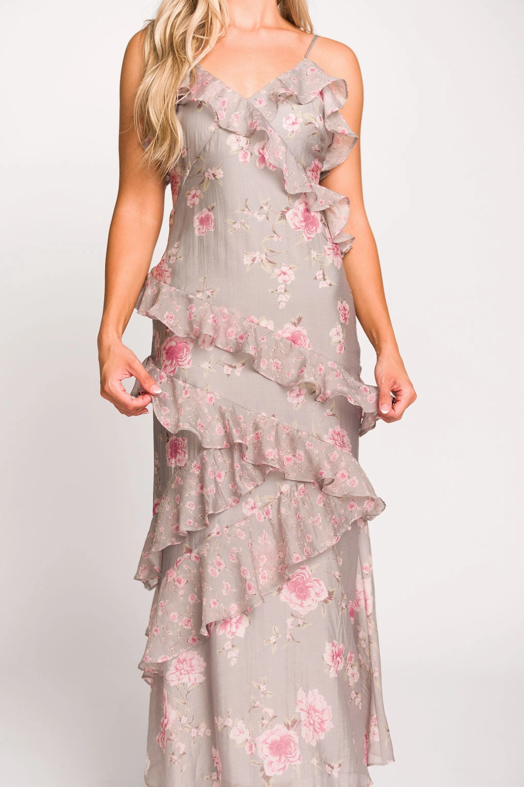 Trend Smart Amelia Ruffle Maxi Dress in Grey/Pink Floral *Final-Sale*