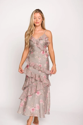 Amelia Ruffle Maxi Dress in Grey/Pink Floral *Final-Sale* Sleek Waistband