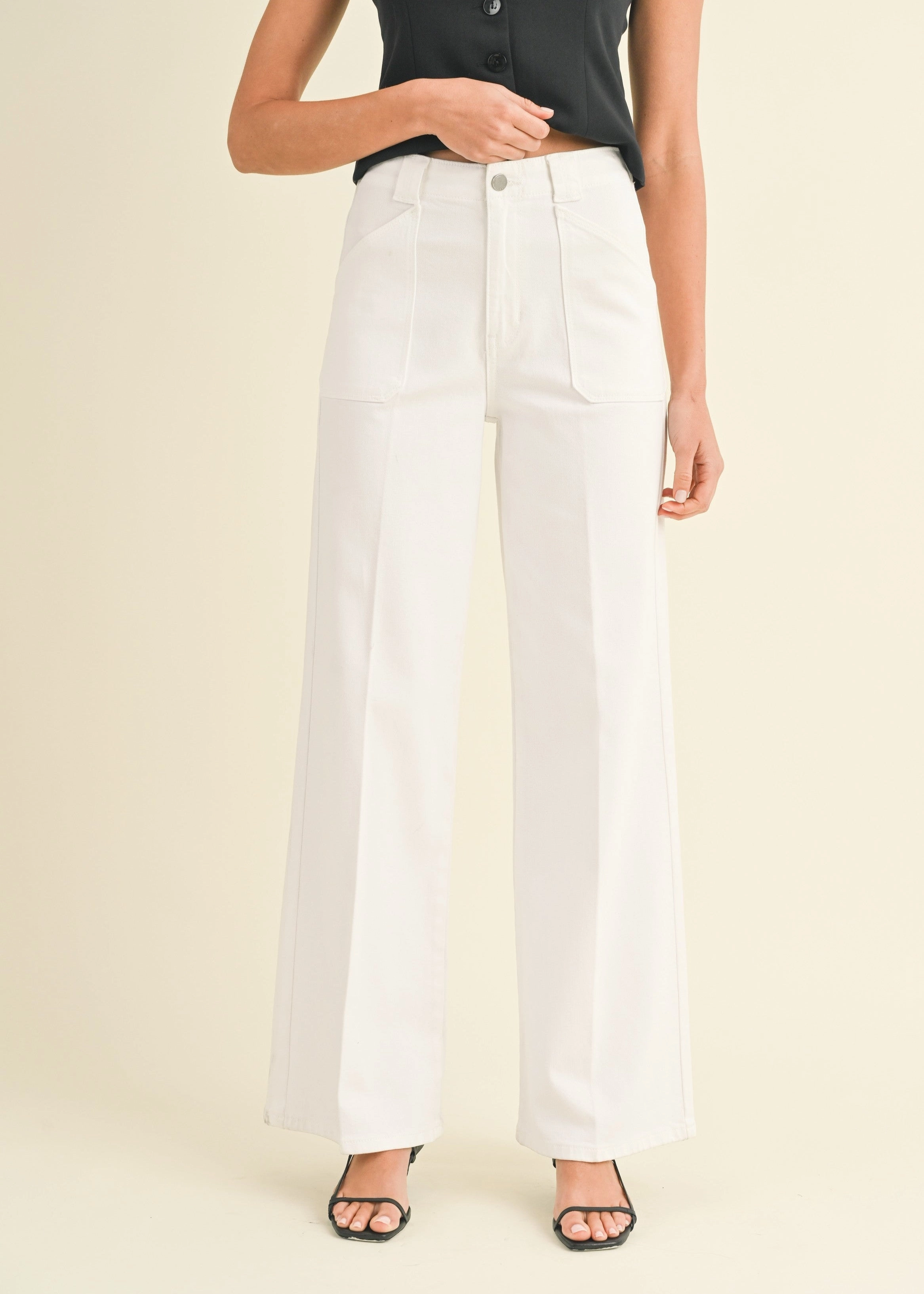 FRANCIA PATCH POCKET WIDE-LEG FLARE JEANS Office Wear Couple Look Work Ready Comfort waistband