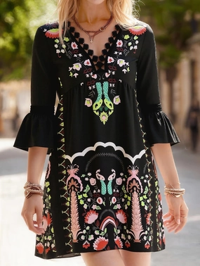 Women's V-Neck Lace Patchwork Printed Dress ??Elegant All-Match Summer Dress Travel-Pack
