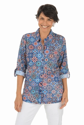 Cathedral Glass Roll-Tab Knit Shirt Anti Slip Shoulder Padding ButtonlessClosure