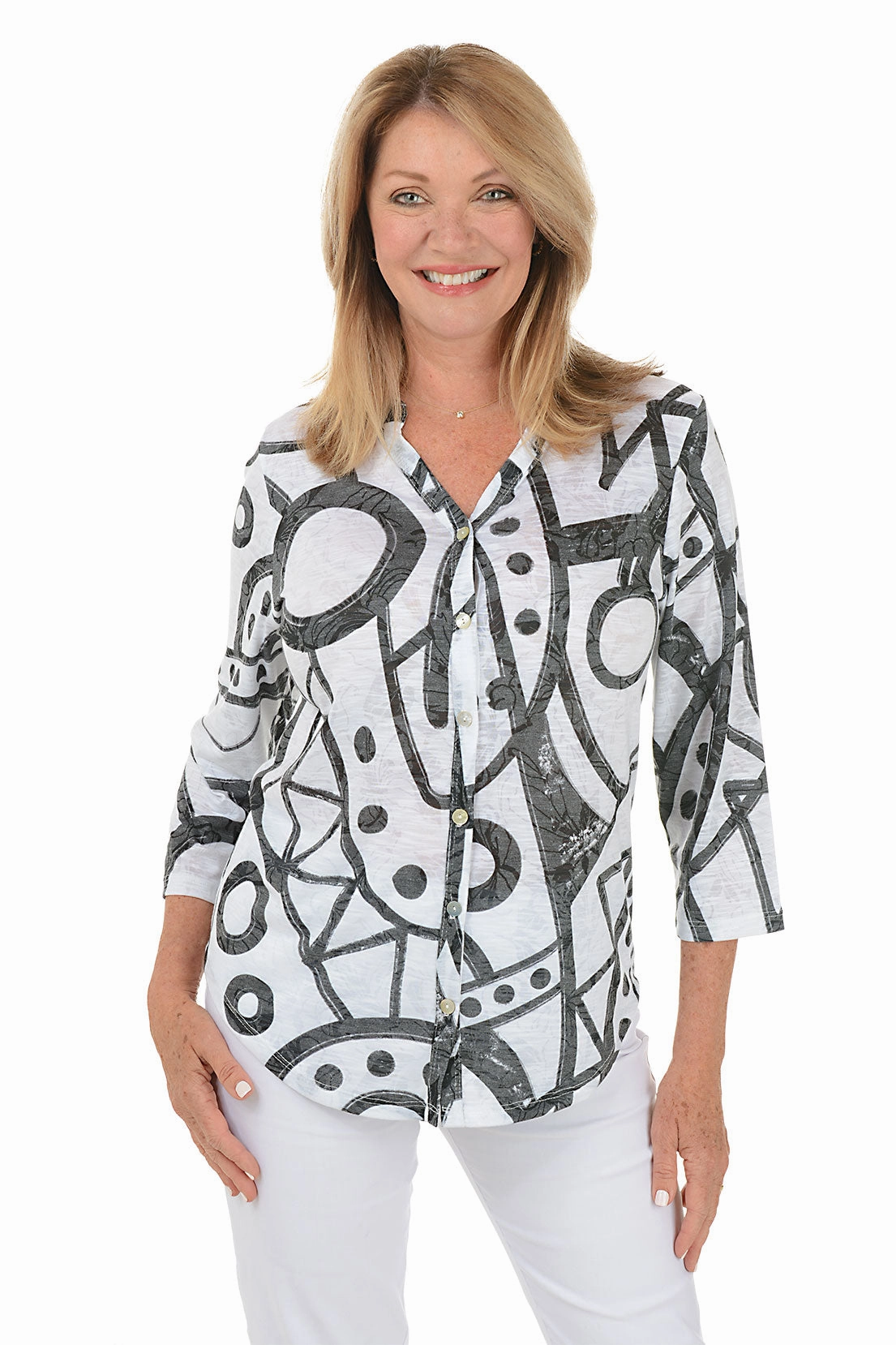 Cay Split Neck Button-Front Top Lightweight pullover