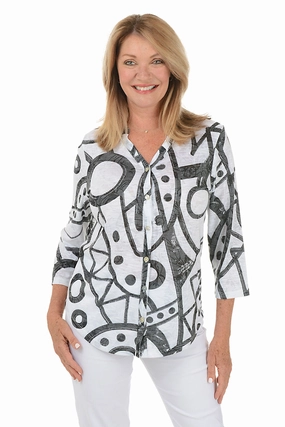 Cay Split Neck Button-Front Top Adjustable Hem Cuff Antimicrobial Finish