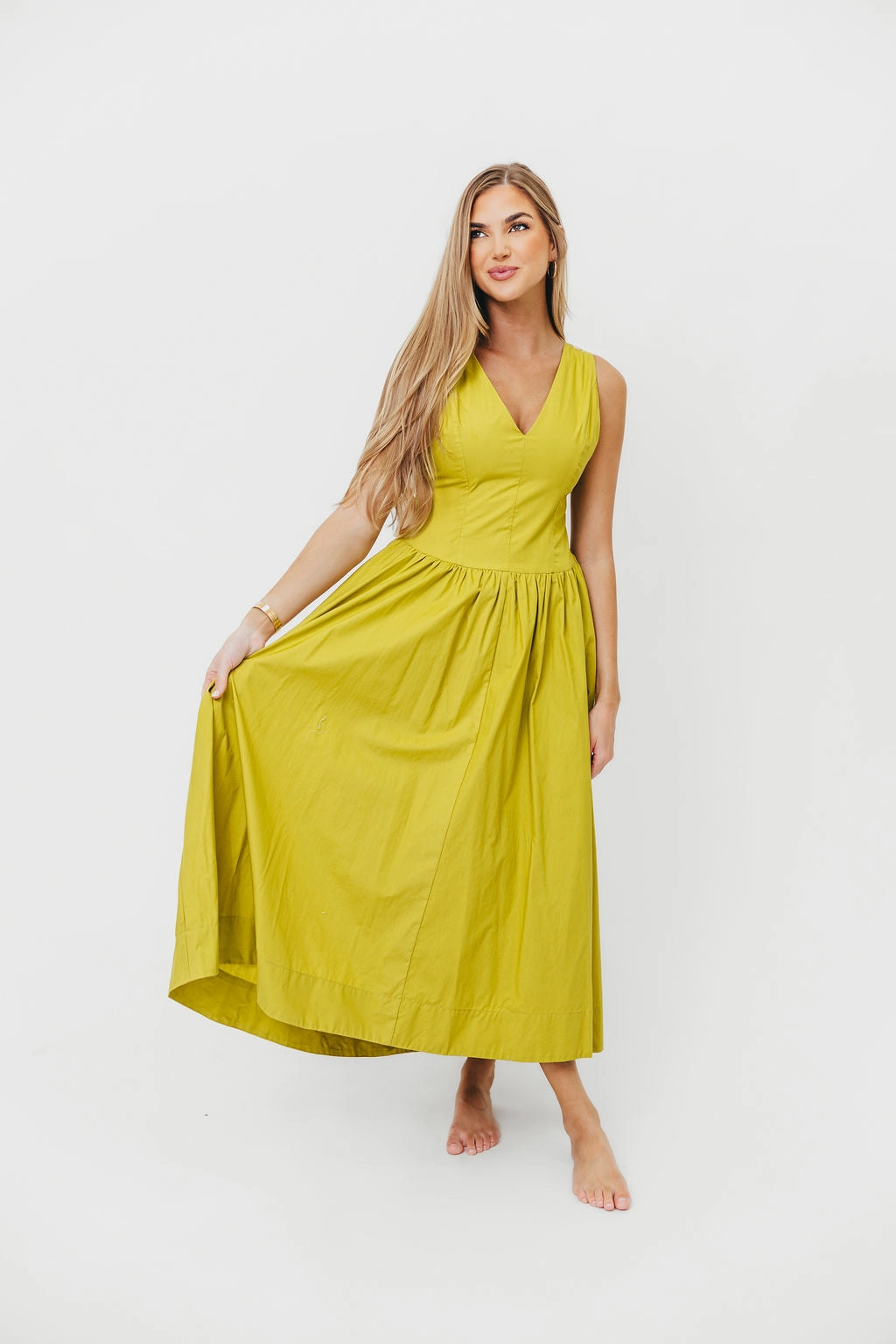 Cece 100% Cotton Bow Detail Woven Maxi Dress in Lemon Grass *Final-Sale* Versatile-Style