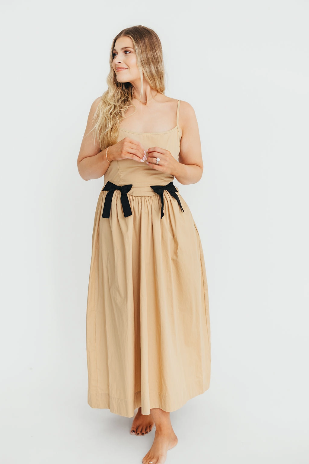 Petite friendly Pleat Breeze Celeste Square Neck Midi Dress with Bow Detail in Khaki *Final-Sale*