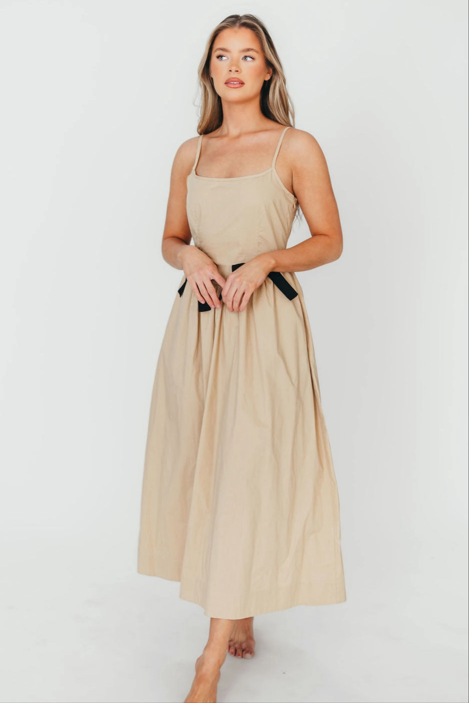 Elegant Comfort Celeste Square Neck Midi Dress with Bow Detail in Khaki *Final-Sale*