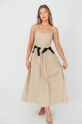 Petite-Size Celeste Square Neck Midi Dress with Bow Detail in Khaki *Final-Sale*