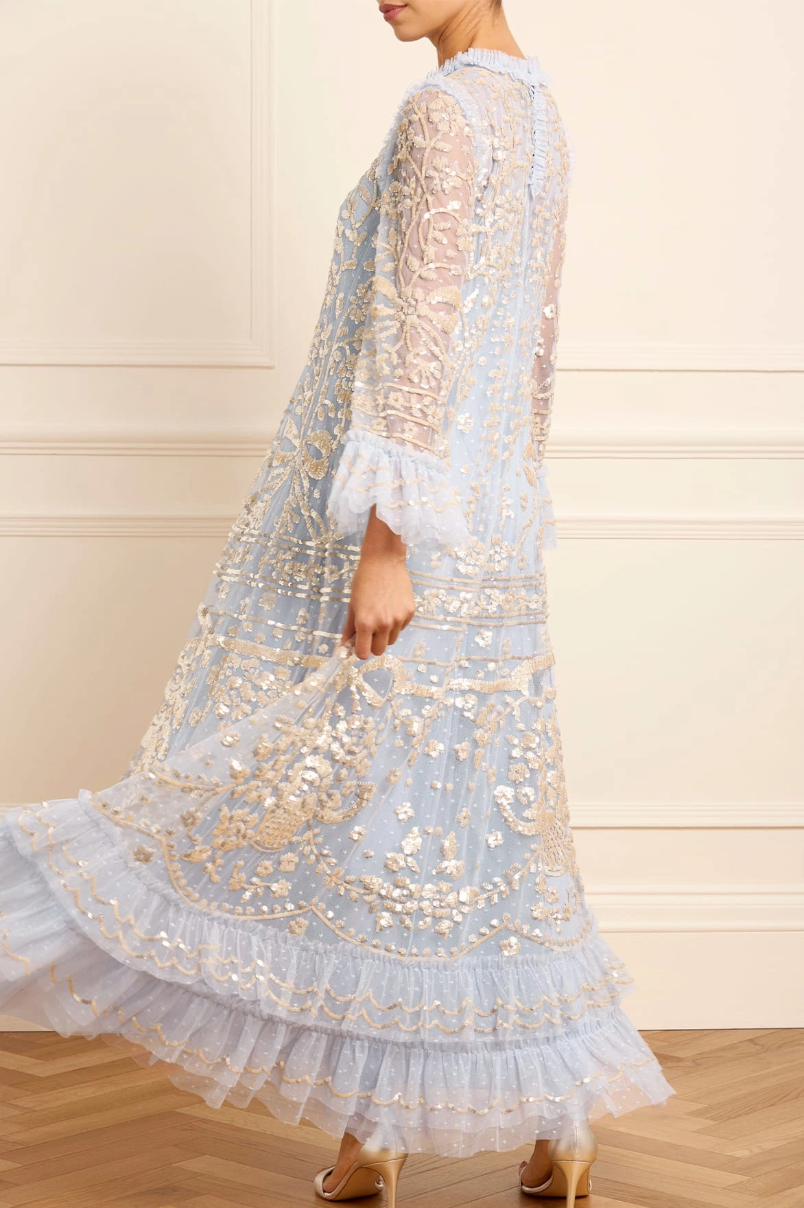 V Neckline Texture Mood Celia Long Sleeve Ankle Gown