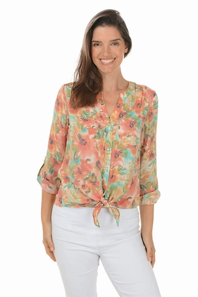 Hidden Storage Pockets Airflow Mesh Insert Ceramic Poppy Button-Front Blouse