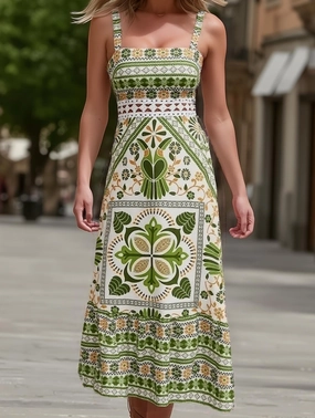 Smooth-Finish Fresh Outfit Cercal Bohemian Tropical Print Strappy Sundress ??Summer Vacation Maxi Dress
