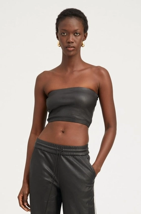 Black Leather Micro Tube Top Elegant Cut Simple Pullover