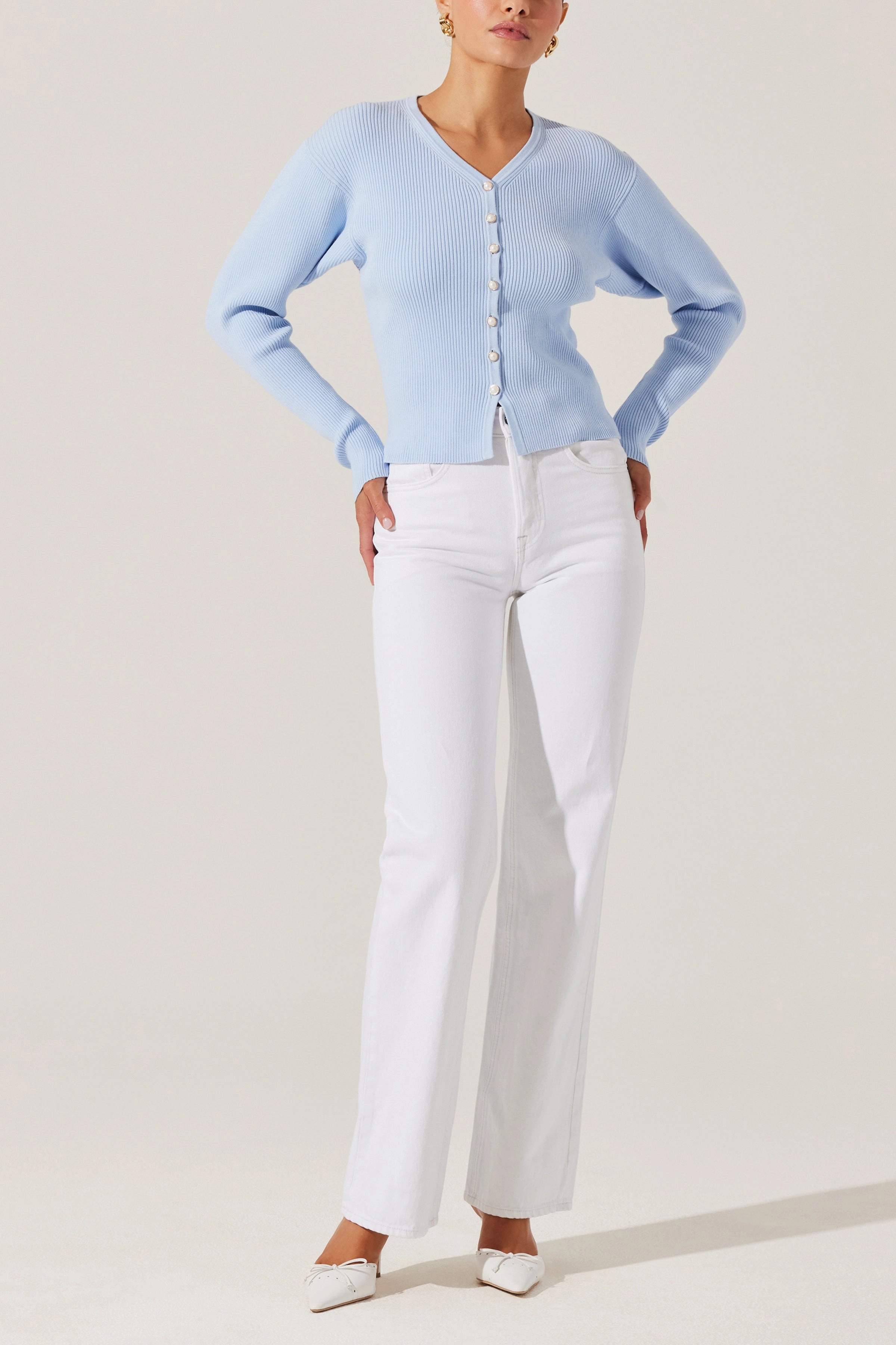 ASTR Delynn Cardi Sky Blue Ribbed Collar Style FourWayStretchFabric