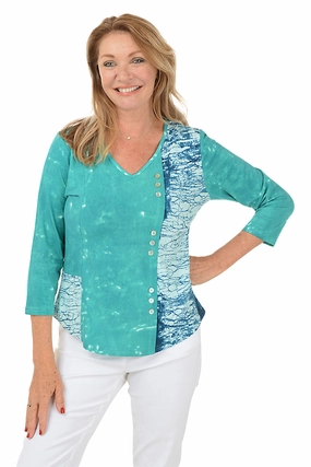Chanda V-Neck Offset Button Top Thermochromic Color Shift Tech Flowing Design