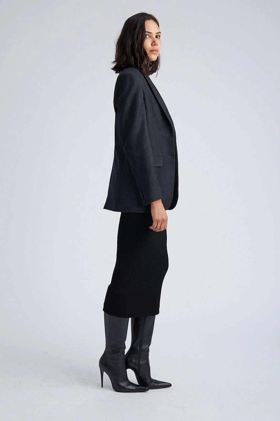 Charcoal Wool Oversized Blazer Cozy Comfort Classic Ribbed Cuffs