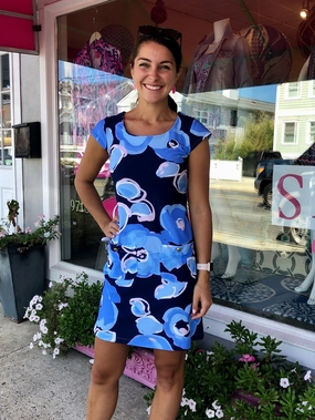 Charleston Cap Sleeve Dress Peonies Navy Satin Grace