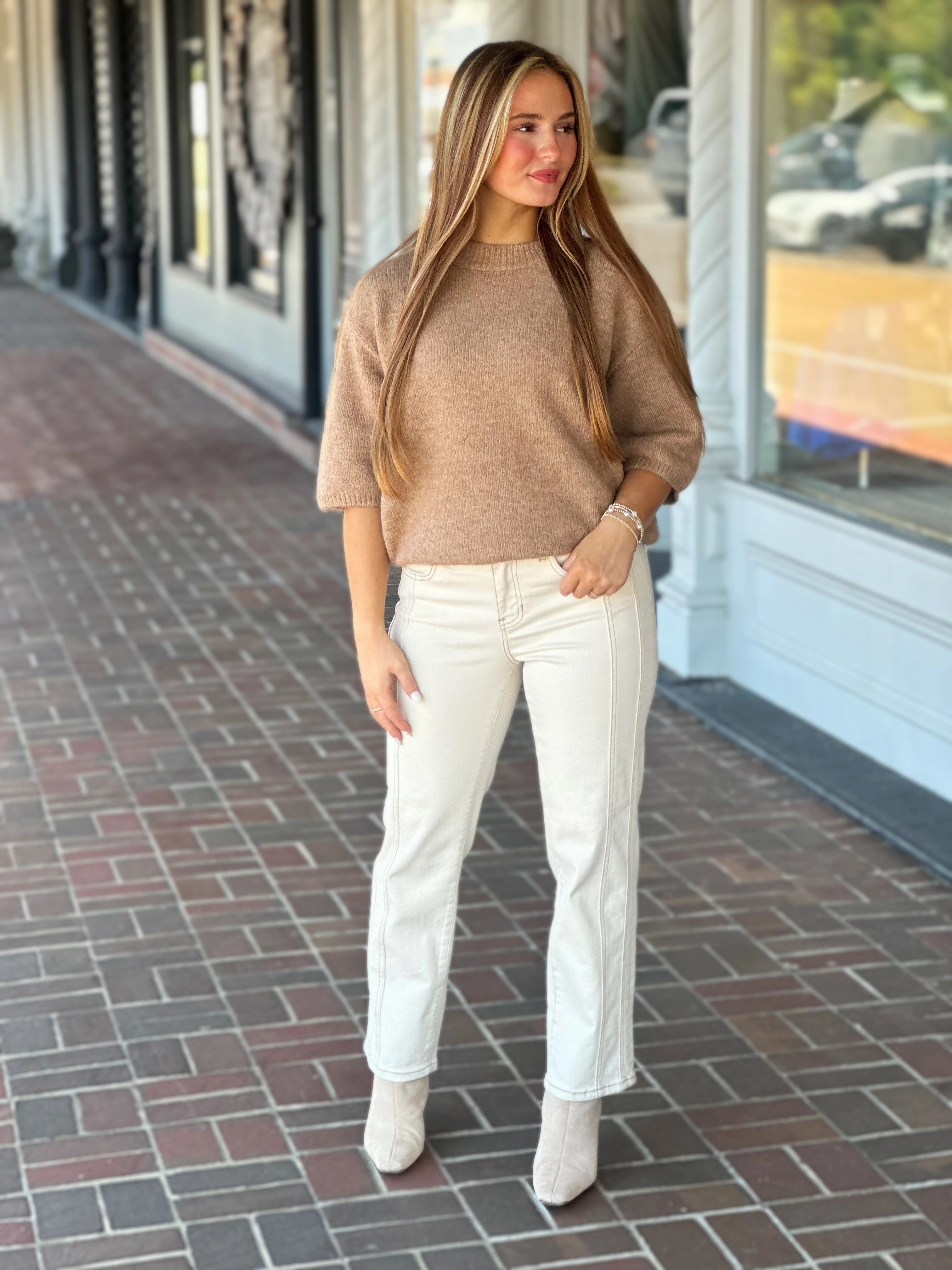 Convertible Neckline FourWayStretch Charlie B Balloon Sleeve Sweater in Sesame