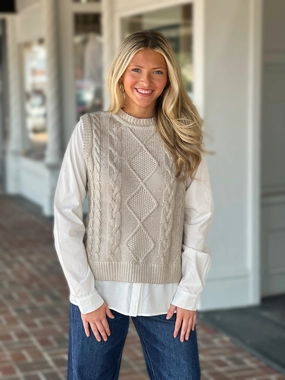 Charlie B Cable Foil Knit Vest in Gold Microfiber Material Summer Polo
