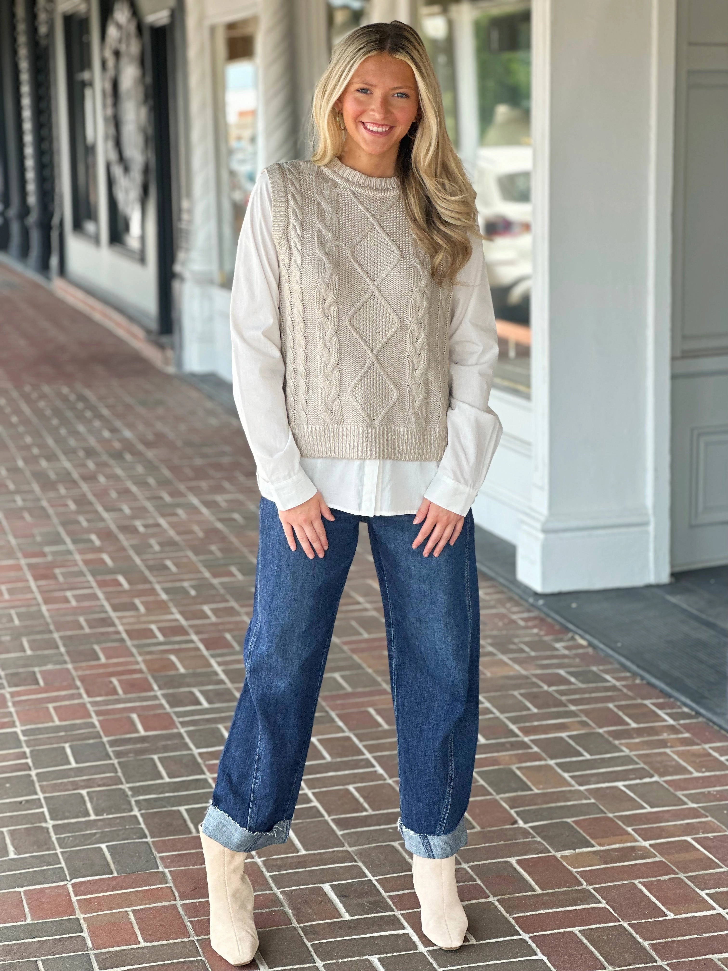Charlie B Cable Foil Knit Vest in Gold Stretch Material Flatlock stitching