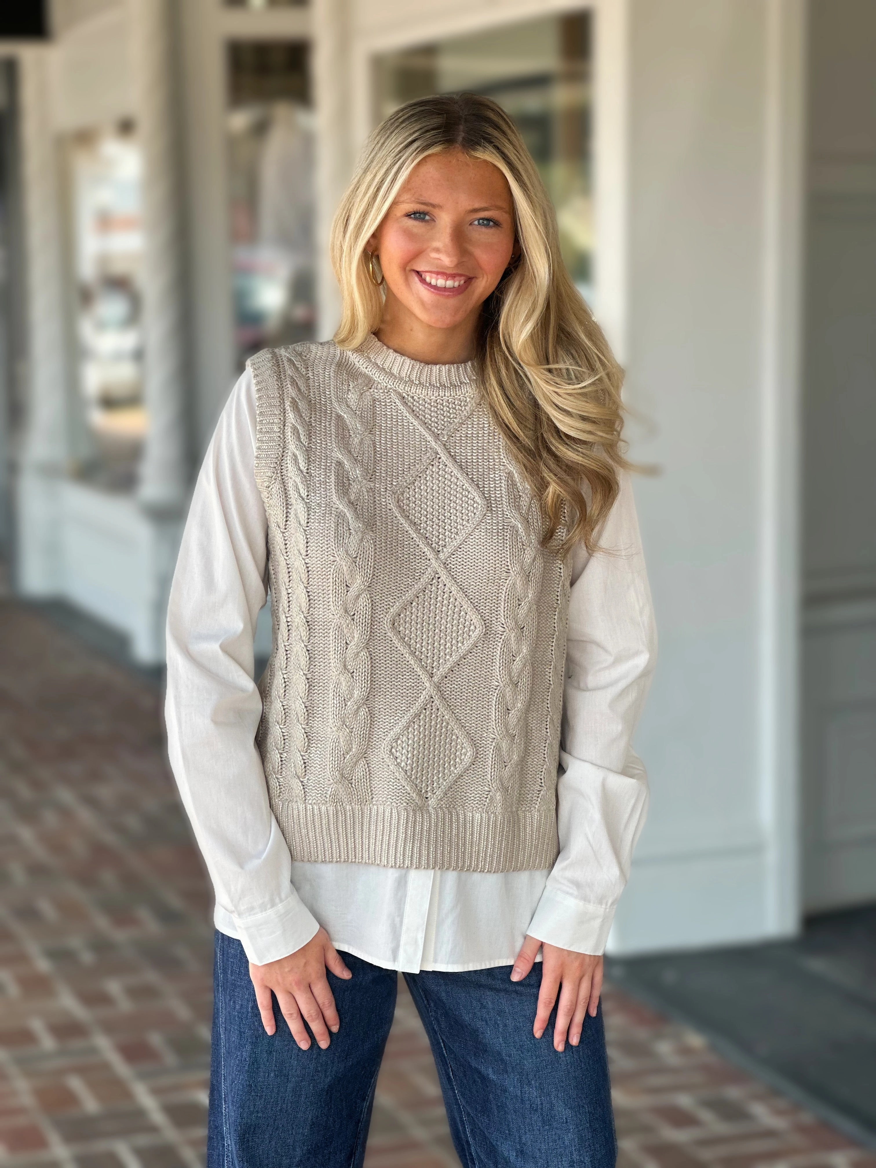 Charlie B Cable Foil Knit Vest in Gold Erasable Surface Coating