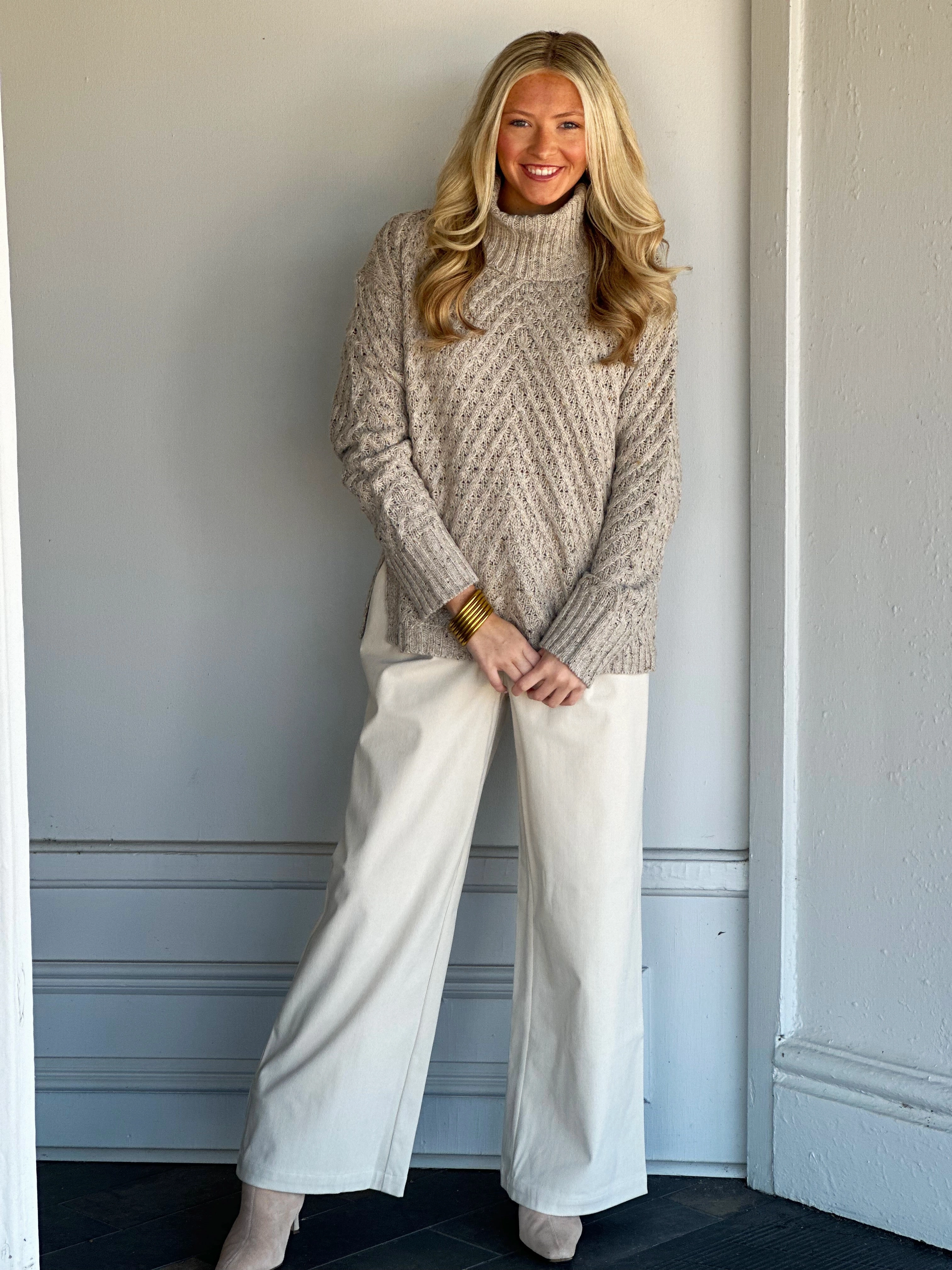 Charlie B Diagonal Cable Sweater in Oat Anti Pill Surface Ergonomic Pattern Design