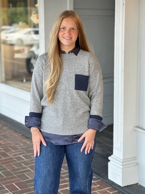 Charlie B Long Sleeve Color Block Sweater in Grey Versatile Base Layer