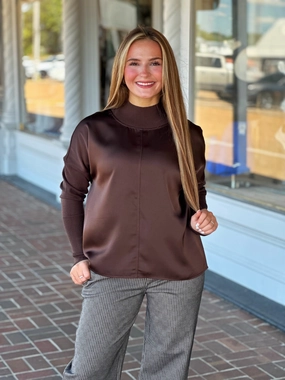 Charlie B Mock-Neck Satin Knit Sweater in Mocha Casual dress