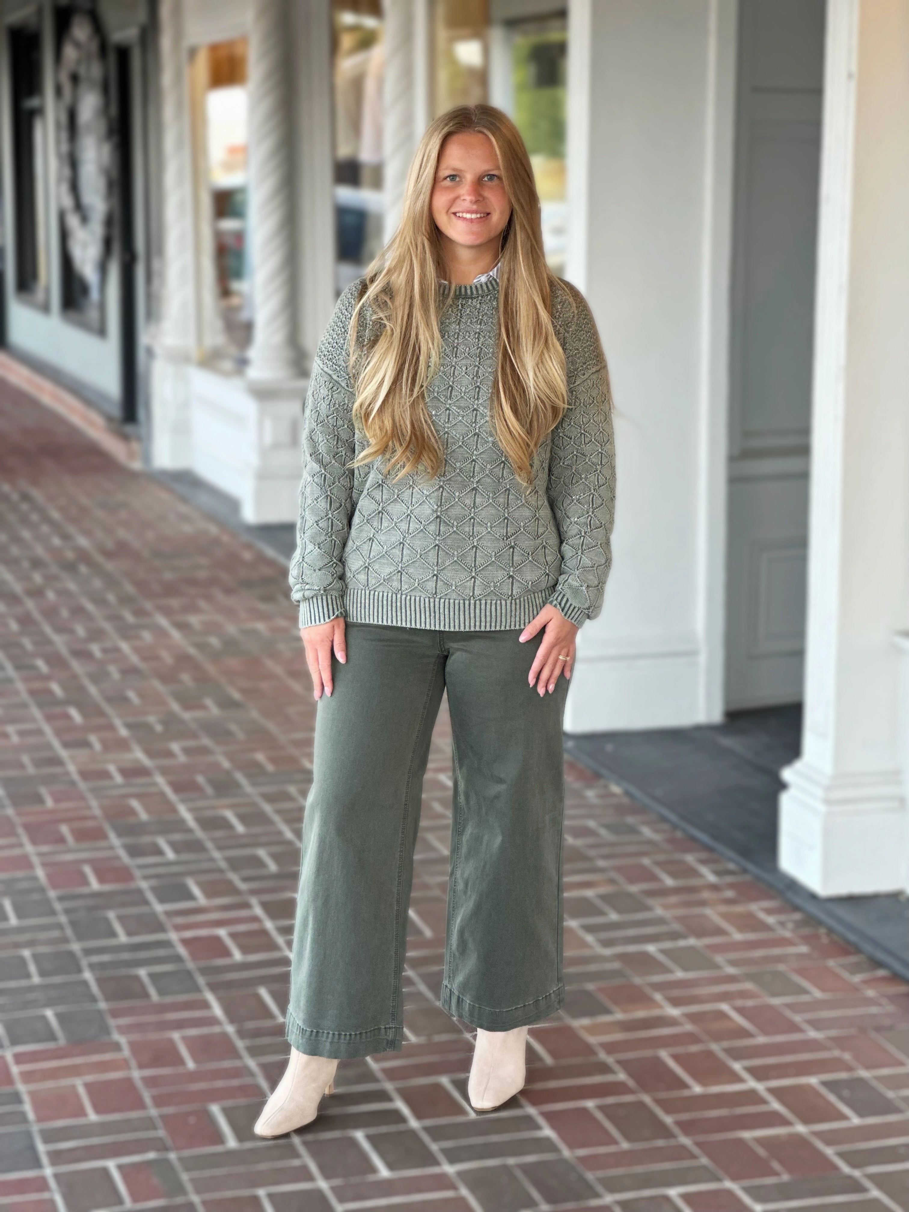 Charlie B Pointelle Crew Neck Sweater in Spruce Buttery Soft Feel ReflectiveAccents