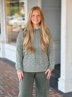 Charlie B Pointelle Crew Neck Sweater in Spruce Layered Collar Design Fray Resistant Edges