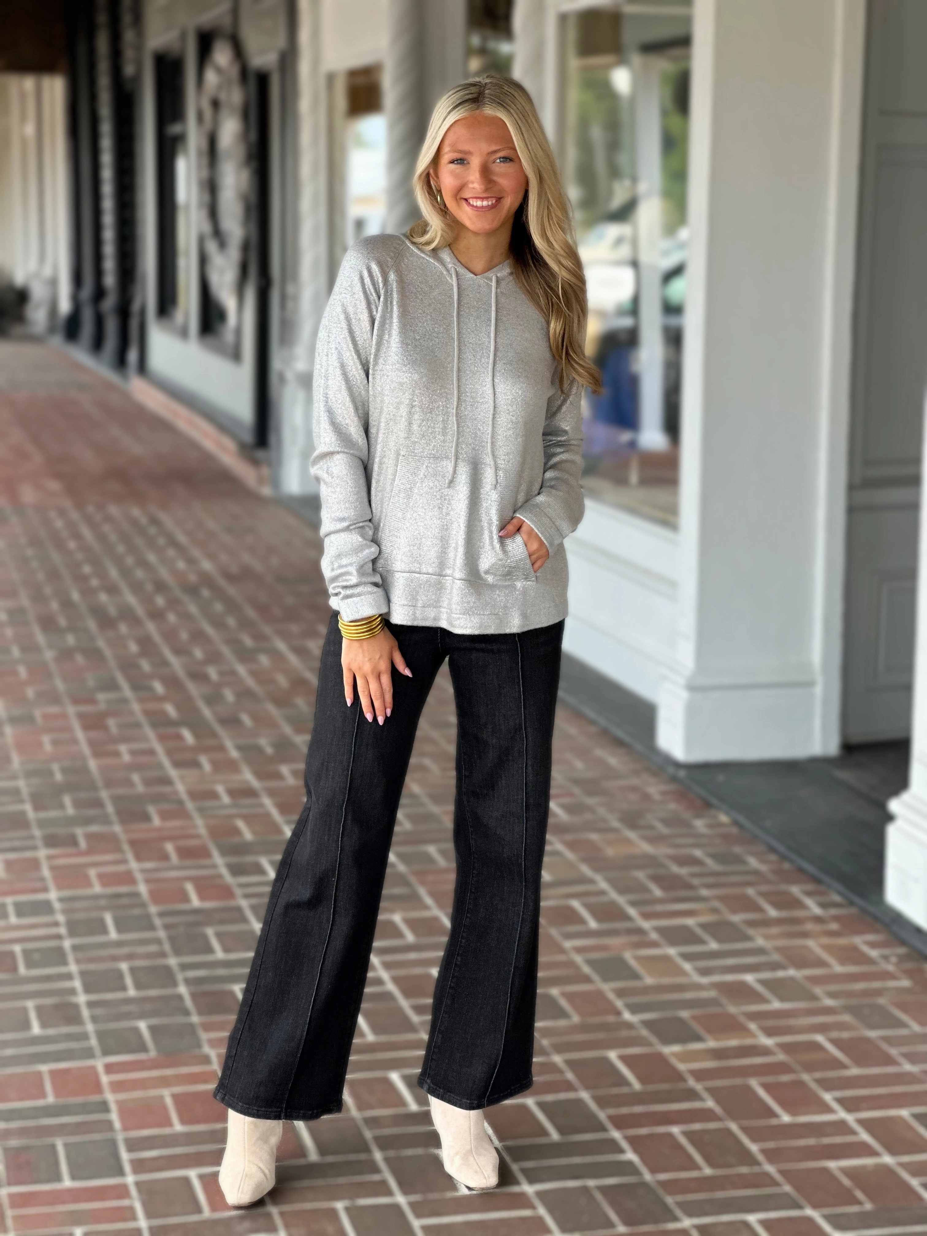 Charlie B Raglan Sleeve Hooded Sweater in Sliver ButtonDownCollar Simple Pullover