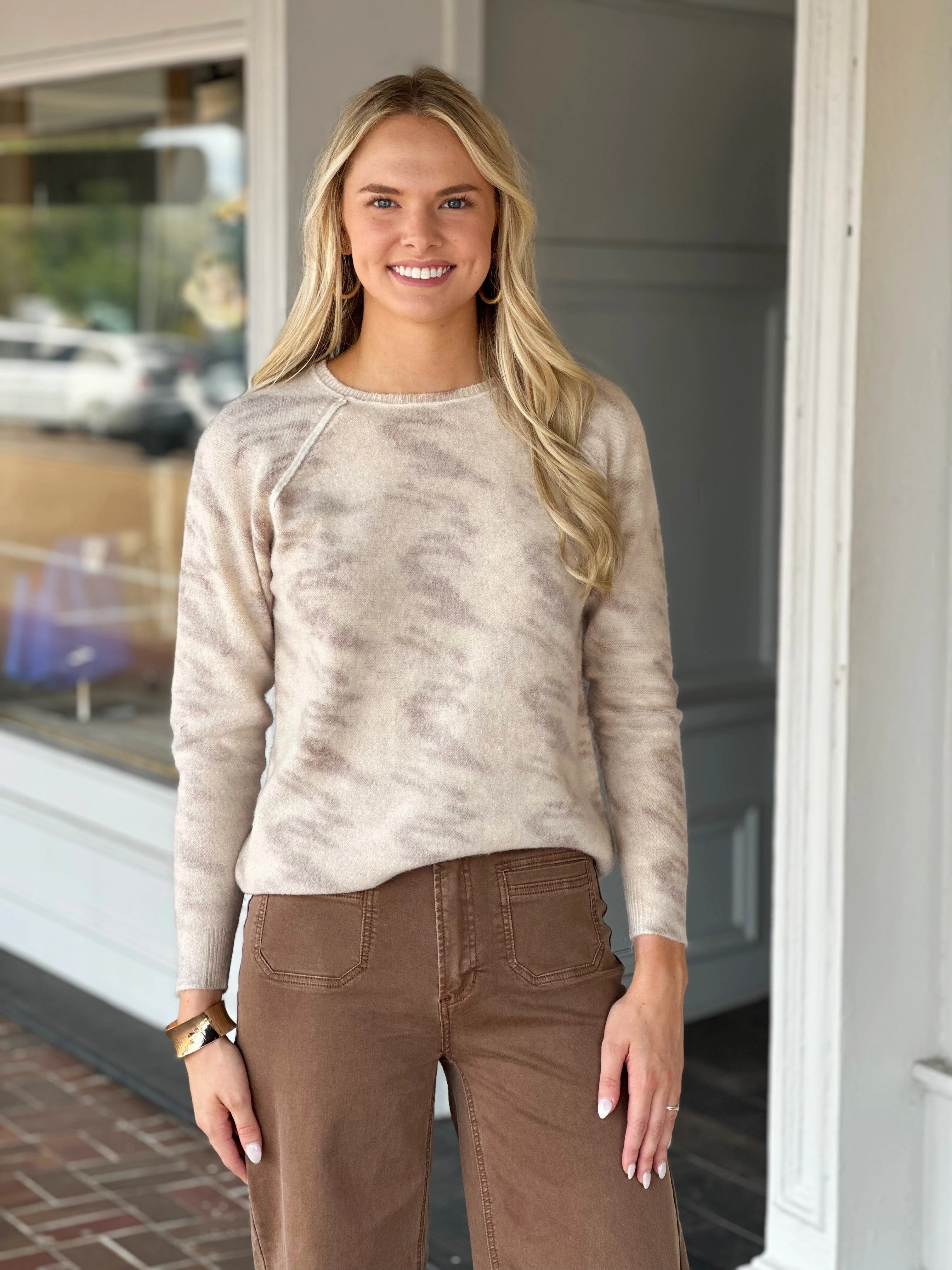 Charlie B Reversible Printed Sweater in Oat Tear Resistant Reinforcement