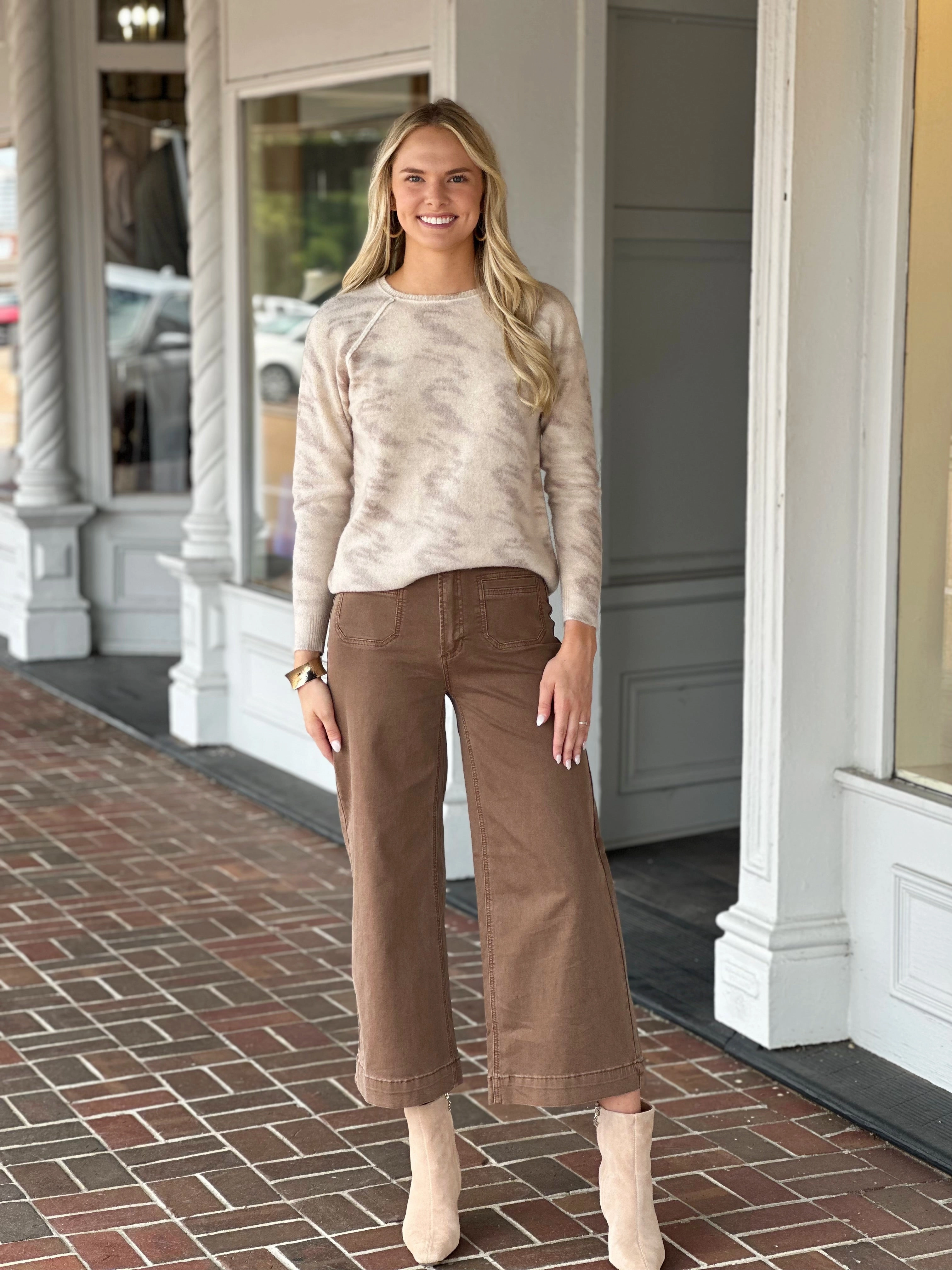 Charlie B Reversible Printed Sweater in Oat BondedEdges