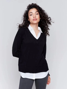 Charlie B V-Neck Fooler Yarn Sweater in Black Durable Color Retention Adjustable Cuffs