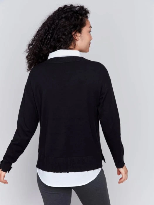 Layered Collar System Water Repellent Coating Charlie B V-Neck Fooler Yarn Sweater in Black