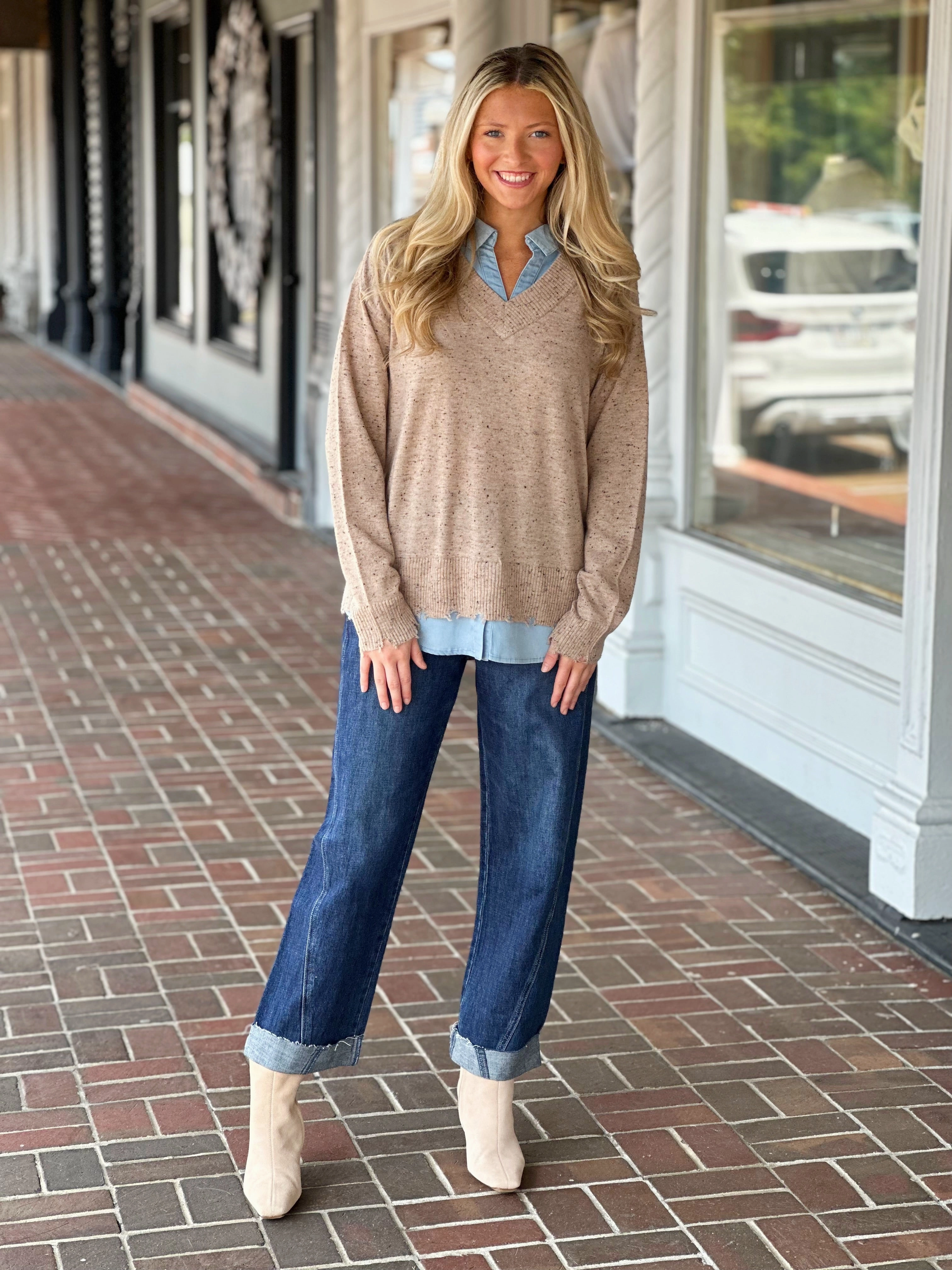 Charlie B V-Neck Fooler Yarn Sweater in Oat Multi Directional Mobility Soft Touch Feel