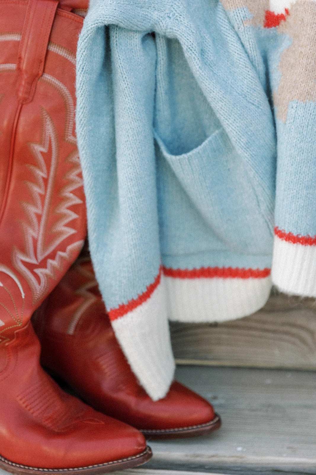 Contrast Stitch Accent Charmayne Rodeo Cowboy Knit Sweater in Sky Blue
