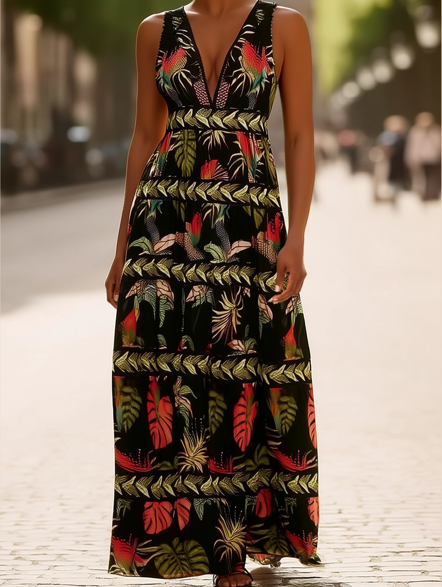 Semi Fit Easy Movement Rota Boho Tropical Print Plunge V-Neck Maxi Dress ??Sleeveless Vacation Style