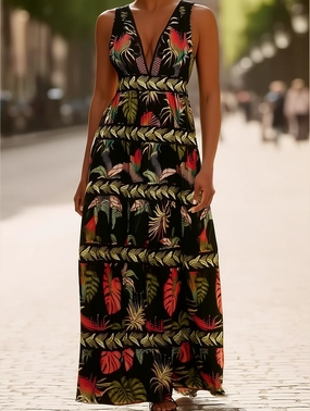 Semi Fit Easy Movement Rota Boho Tropical Print Plunge V-Neck Maxi Dress ??Sleeveless Vacation Style