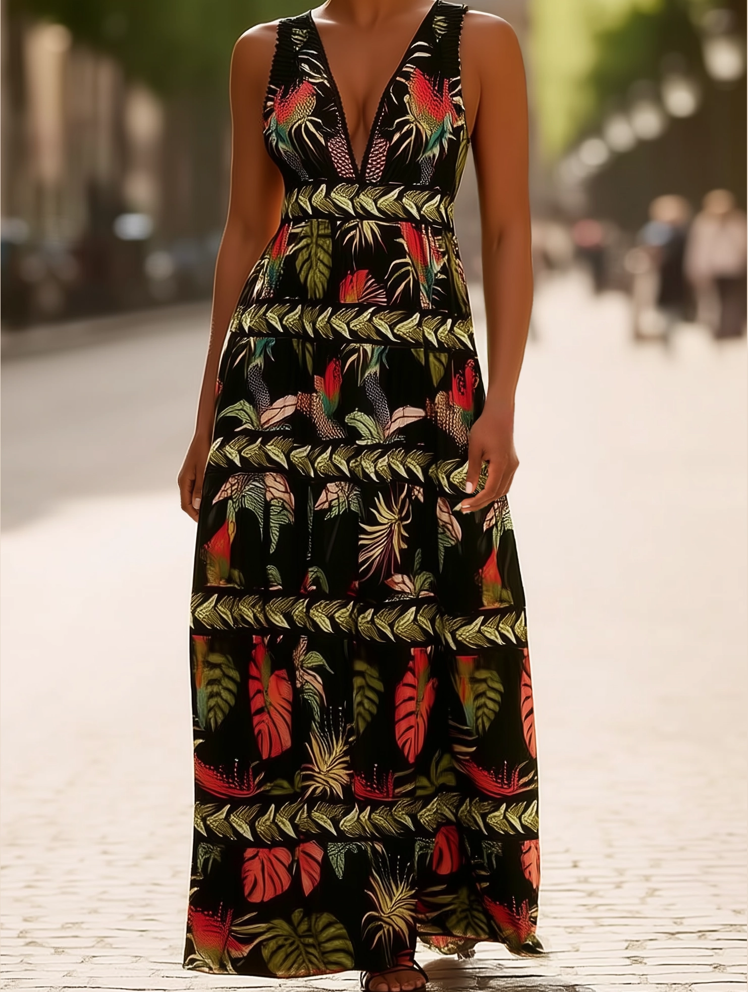 Rota Boho Tropical Print Plunge V-Neck Maxi Dress ??Sleeveless Vacation Style Slim Silhouette