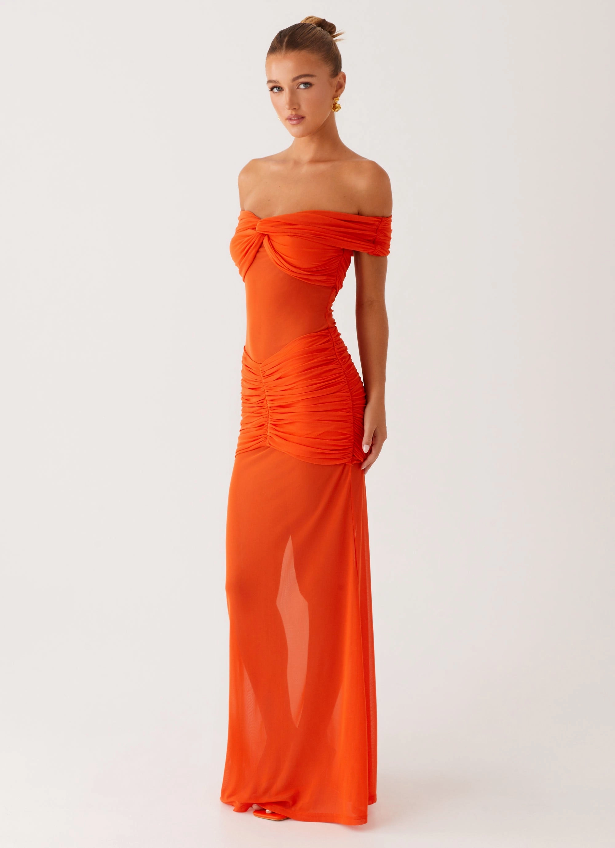 Cozy Silhouette Flattering Waistband Fit Charming Off Shoulder Maxi Dress - Orange