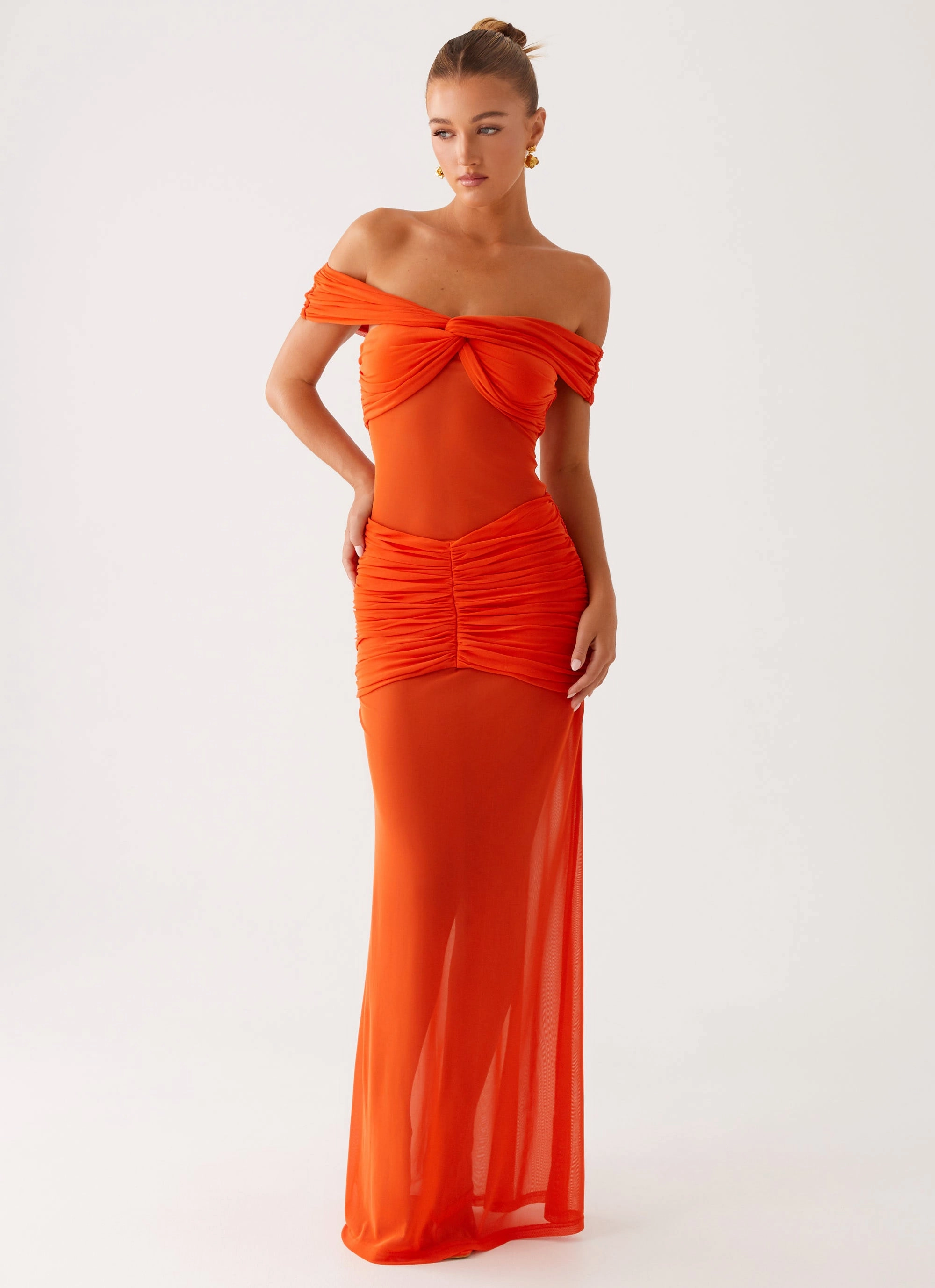 Charming Off Shoulder Maxi Dress - Orange Lightweight Material
