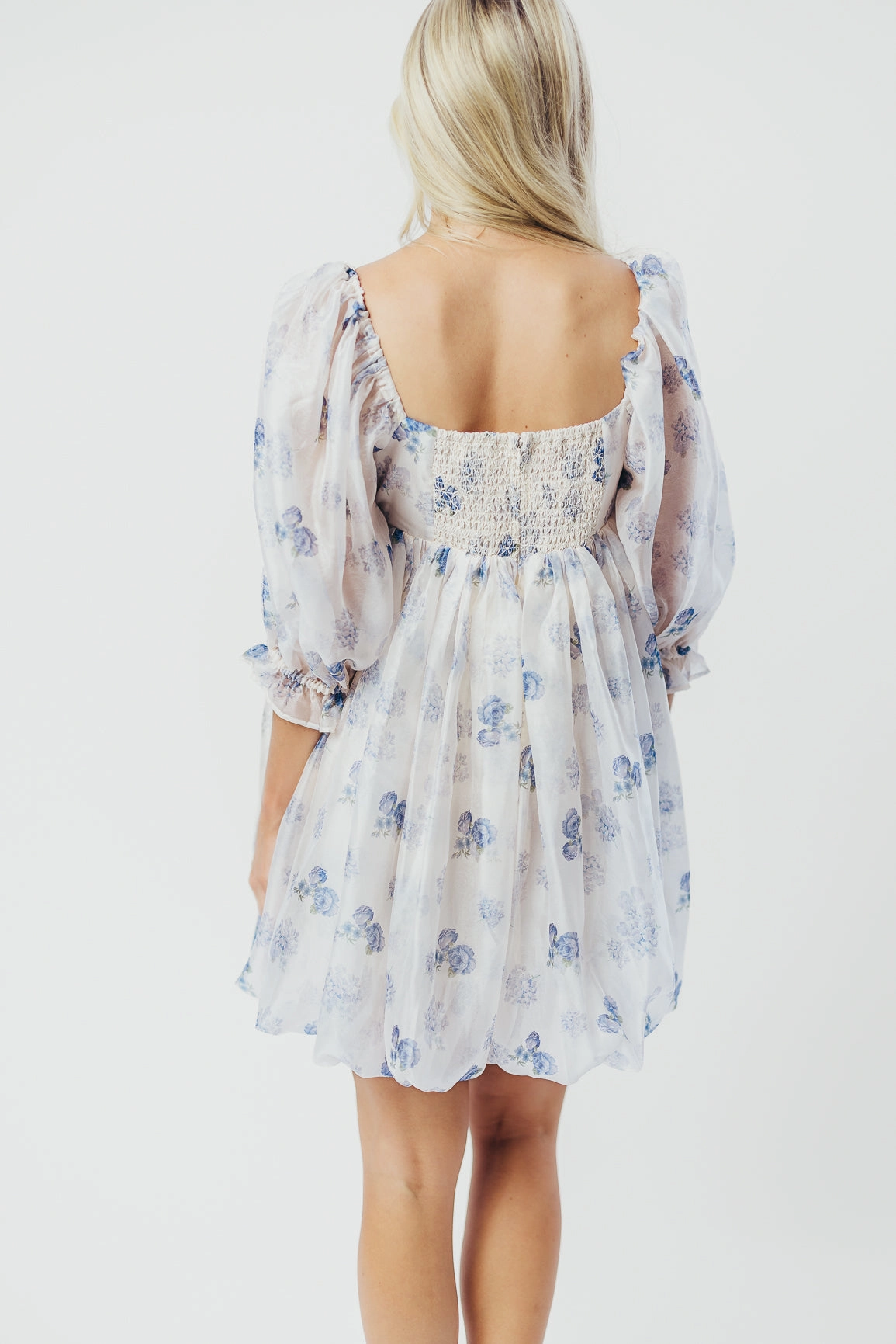 Asymmetric-Neck Vintage-Inspired Chase Bubble Hem Mini Dress in White/Periwinkle *Final-Sale*