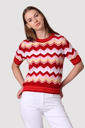 CHEVRON POINTELLE CREW TEE Ribbed Collar Design Smooth Stitching